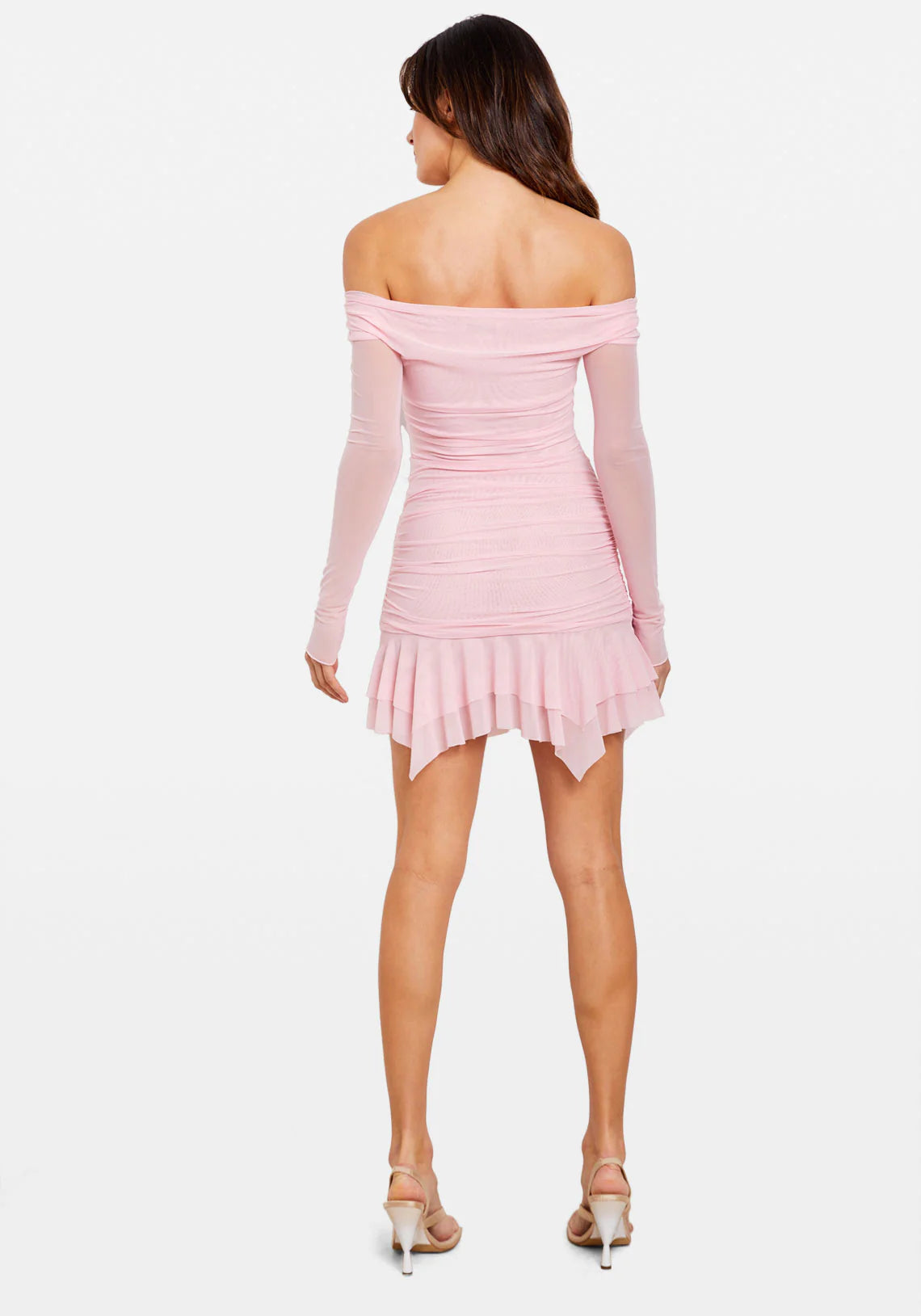 Off Shoulder Mesh Rose Mini Dress in Bubblegum